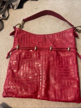 Andre Oliver Red Geometric Embossed Leather Shoulder Bag